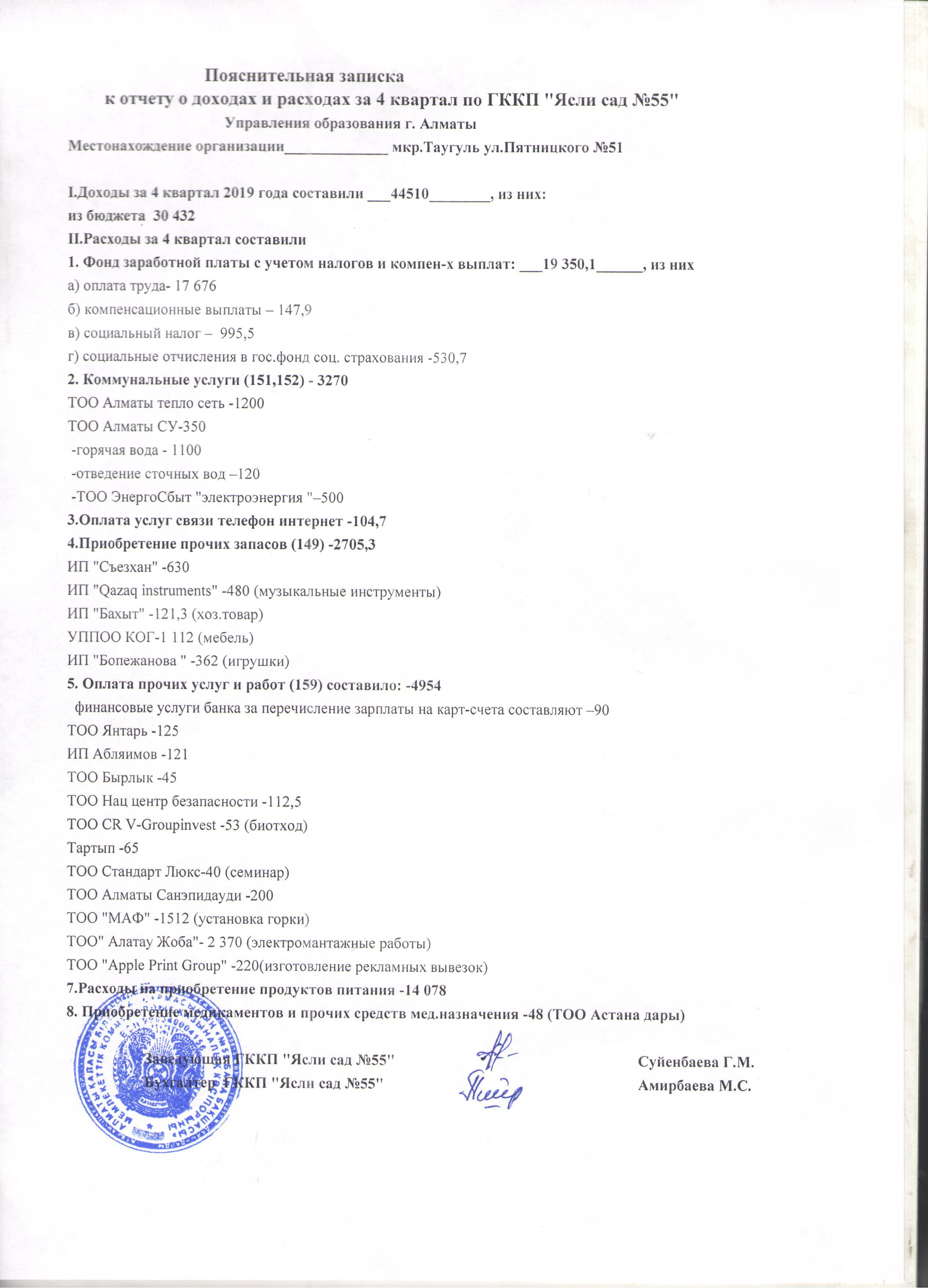 Отчет о доходах и расходах 4 кв 2019
